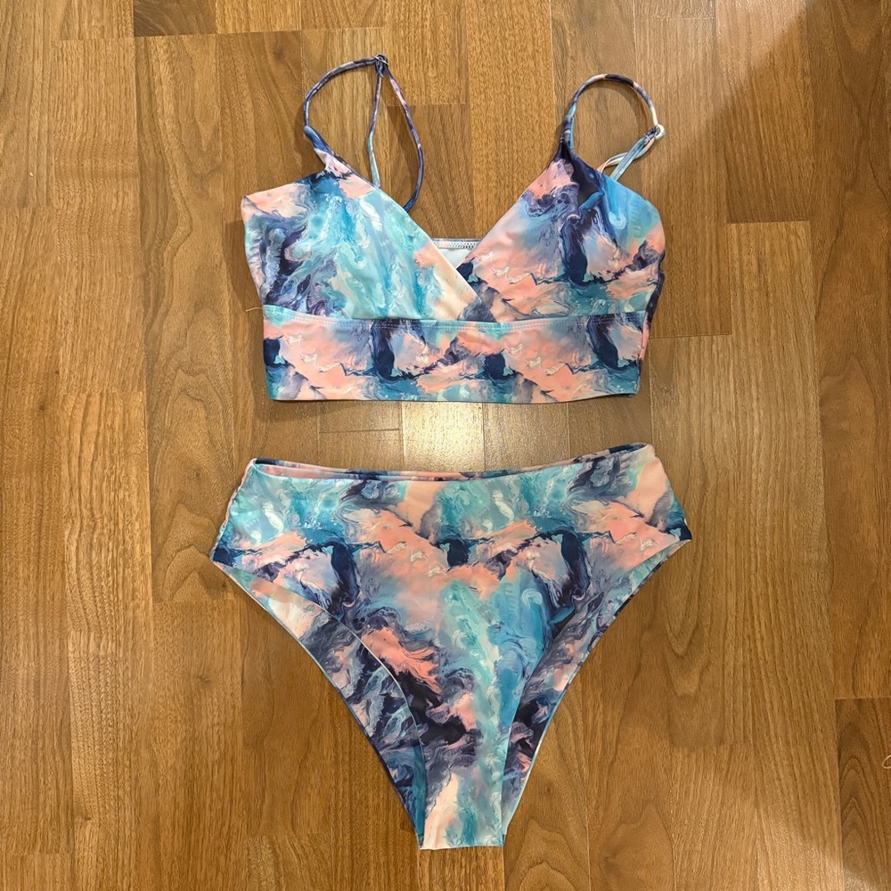 SHEIN Swirl Print Bikini Set in Blue and Pink